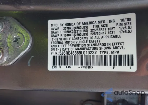 2009 Honda Cr-V Lx из США, поврежденный, VIN 5J6RE48389L010232